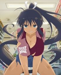Rule 34 | 1girl, after battle, arm support, beach, bikini tan, black hair, blue skirt, blush, bottle, breasts, can, cashier, cleavage, convenience store, damaged, dark-skinned female, dark skin, denim, denim skirt, dirty, employee uniform, fluorescent lamp, food packaging, green eyes, hair between eyes, hair ribbon, hanging sign, high ponytail, homura (senran kagura), indoors, injury, kunai, large breasts, leaning forward, long hair, looking at viewer, looking down, miniskirt, non-web source, official art, ponytail, poster (object), red shirt, ribbon, senran kagura, senran kagura new wave, senran kagura shoujo-tachi no shin&#039;ei, shelf, shiny skin, shirt, shop, shuriken, sidelocks, skirt, small sweatdrop, smile, smirk, solo, store clerk, straddling, sweat, tan, tanline, torn clothes, torn shirt, torn skirt, translation request, v-shaped eyebrows, very long hair, wall shelf, weapon, white ribbon, yaegashi nan