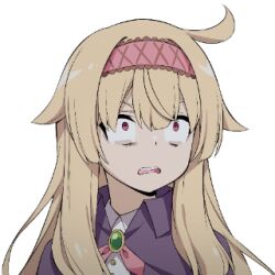 1girl bad_link blonde_hair cape eyebrows_hidden_by_hair hair_between_eyes hairband little_witch_nobeta long_hair lowres nobeta nobeta_(witch_skin) official_art open_mouth portrait purple_cape red_eyes red_hairband simple_background small_pupils solo surprised teeth transparent_background upper_teeth_only wavy_mouth