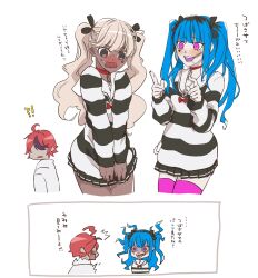 ! 1boy 2girls ? alternate_costume amemiya_darumi black_bow black_eyes black_hair black_skirt blonde_hair blue_hair blush bow collar dark-skinned_female dark_skin embarrassed hands_up heart hoodie kawana_tsubasa long_sleeves looking_at_another looking_back looking_down multicolored_hair multiple_girls multiple_views open_mouth pink_eyes pink_thighhighs pleated_skirt red_bow red_collar red_hair roots_(hair) safety_pin shirt skirt striped_clothes striped_shirt sumino_takumi the_hundred_line_-last_defense_academy- thighhighs twintails upper_body white_background white_hoodie
