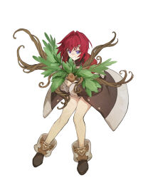 1girl akiakiyo ange_katrina ange_katrina_(1st_costume) ankle_boots bare_legs blue_eyes boots brown_boots brown_coat cardigan coat creature crossed_bangs full_body gradient_eyes hair_intakes hair_ornament hashtag-only_commentary highres holding holding_creature leaf leaning_forward long_sleeves looking_at_viewer mandragora mandragora_(ange_katrina) medium_hair multicolored_eyes nijisanji off_shoulder open_mouth plant_roots purple_eyes red_cardigan red_hair simple_background standing triangle_hair_ornament virtual_youtuber white_background white_mouth
