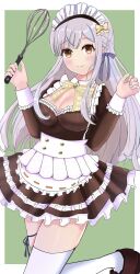 1girl apron assault_lily black_dress blonde_hair blush border bow braid breasts brown_shoes cleavage closed_mouth cowboy_shot cream detached_collar dress ekakisyun frilled_apron frilled_dress frilled_sleeves frills green_background grey_hair hair_bow hair_ribbon hands_up hashtag-only_commentary highres holding holding_whisk kon_kanaho leg_ribbon leg_up long_hair looking_at_viewer maid maid_headdress medium_breasts official_alternate_costume outside_border purple_ribbon ribbon shoes side_braid simple_background smile solo standing standing_on_one_leg thigh_ribbon thighhighs w_arms waist_apron whisk white_border white_thighhighs yellow_bow