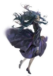 1girl back_cutout bindi black_dress black_shoes clothing_cutout collar dress erhuazi917 frilled_collar frills full_body green_eyes grey_hair gundam gundam_gquuuuuux highres lalah_sune looking_at_viewer looking_back parted_lips shoes simple_background solo white_background white_sleeve_cuffs