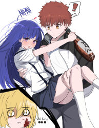 Rule 34 | 1boy, 2girls, :d, absurdres, arm behind back, black hairband, black jacket, black skirt, blonde hair, blue hair, blunt bangs, blunt ends, blush, bow, bowtie, carrying, carrying person, collared shirt, commentary, crossover, dress, dress shirt, emiya shirou, fang, fate/stay night, fate (series), furude rika, green dress, grey background, hair between eyes, hairband, hand up, happy, heart, highres, higurashi no naku koro ni, hime cut, holding hands, houjou satoko, igote, interlocked fingers, jacket, long hair, multiple girls, neckerchief, open clothes, open jacket, open mouth, pink bow, pink bowtie, pink eyes, pleated skirt, puffy short sleeves, puffy sleeves, purple eyes, sailor collar, sailor dress, shirt, short hair, short sleeves, side-by-side, sidelocks, simple background, skirt, smile, smug, straight hair, suspender skirt, suspenders, symbol-only commentary, upper body, white jacket, white sailor collar, white shirt, yellow neckerchief