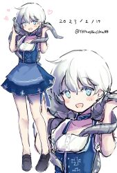 Rule 34 | abyssal ship, apron, blue apron, blue eyes, brown shoes, cross, dated, dirndl, enemy naval mine (kancolle), full body, german clothes, highres, iron cross, kantai collection, karin bluez3, multiple views, no socks, shoes, short hair, smile, teeth, tentacles, twitter username, waist apron, white hair, z1 leberecht maass (kancolle), z1 leberecht maass (oktoberfest) (kancolle)