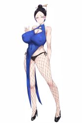 1girl absurdres bikini bikini_bottom_only black_bikini black_hair black_shoes blue_dress breasts character_request china_dress chinese_clothes cleavage_cutout clothing_cutout covered_erect_nipples covered_navel dress fishnet_pantyhose fishnets full_body hair_bun hair_ornament hair_stick high_heels highres huge_breasts mole mole_under_eye mousekkk pantyhose shoes side-tie_bikini_bottom solo swimsuit white_background xiuxian:_mu_zhu_chuan
