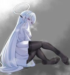1girl absurdres black_pantyhose blue_archive breasts bright_pupils eyelashes feet full_body grey_background halo highres jacket large_breasts legs long_hair long_sleeves looking_at_viewer miniskirt no_shoes noa_(blue_archive) on_ground pantyhose pleated_skirt purple_eyes shiraae_quartet sidelocks simple_background sitting skirt smell soles steaming_body swept_bangs thighband_pantyhose thighs toes very_long_hair white_hair white_halo white_jacket white_pupils white_skirt