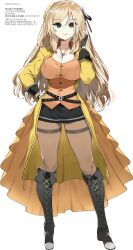 Rule 34 | 1girl, akira blanton, assault lily, blonde hair, boots, breasts, character name, character profile, cleavage, closed mouth, collared shirt, full body, gloves, green eyes, hair between eyes, hair ornament, hair ribbon, hand in own hair, highres, jacket, large breasts, lips, long hair, long sleeves, looking at viewer, nauribon, open clothes, open jacket, pantyhose, parted bangs, ribbon, shirt, simple background, skirt, smile, tsurime, white background, yellow jacket