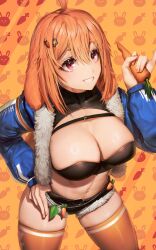1girl absurdres adjusting_clothes adjusting_shorts ahoge animal_ears belt black_belt black_bra black_shorts blue_sleeves bra breasts bunny_ayumi_(vtuber) carrot carrot_background carrot_hair_ornament chain cleavage commentary covered_collarbone cowboy_shot food-themed_hair_ornament fur_trim hair_between_eyes hair_ornament hand_on_own_hip hashtag-only_commentary highres holding holding_carrot indie_virtual_youtuber large_breasts long_sleeves looking_to_the_side medium_hair navel numanoan orange_hair orange_nails orange_thighhighs parted_lips pinky_out rabbit_background rabbit_ears red_eyes short_shorts shorts skindentation smile solo stomach symbol-only_commentary teeth thick_thighs thighhighs thighs underwear virtual_youtuber yellow_background