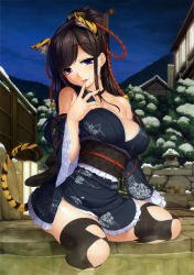 1girl :p absurdres animal_ears black_hair black_thighhighs breasts choker cleavage female_focus finger_to_mouth frills hair_ornament hair_stick half_updo harem_gain highres hitou_no_kaga japanese_clothes kaga_(harem_gain) kimono kimono_skirt kirin_kakeru large_breasts lolita_fashion long_hair looking_at_viewer obi off_shoulder onsen purple_eyes sash scan sitting sky solo steam tail thighhighs tiger_ears tiger_tail tongue tongue_out wa_lolita yuujo