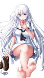 Rule 34 | 1girl, parallel hairclips, absurdres, artistic error, ascot, barefoot, black ascot, blue eyes, blunt ends, brown shoes, chinese commentary, commentary request, crossed ankles, feet, floating hair, food, full body, hair ornament, hairclip, hand up, highres, holding, holding food, holding popsicle, holding shoes, holding unworn clothes, legs, licking, light blush, loafers, long hair, looking at viewer, naruse shiroha, popsicle, puffy short sleeves, puffy sleeves, ringed eyes, sailor collar, school uniform, serafuku, shirt, shoes, short sleeves, sidelighting, simple background, sitting, skirt, soles, solo, summer pockets, summer pockets school uniform, toes, tongue, tongue out, ultra258, unworn shoes, very long hair, watermelon bar, white background, white hair, white sailor collar, white serafuku, white shirt, white skirt