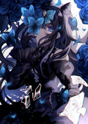 1girl absurdres arcaea bare_shoulders black_dress black_gloves black_hair blue_eyes blue_flower blunt_bangs bow breasts bug butterfly butterfly_hair_ornament butterfly_on_face cleavage collarbone crystal_wings dress earrings flower gloves hair_bow hair_ornament highres insect jewelry large_breasts long_hair long_sleeves reaching reaching_towards_viewer rino_ebe solo tairitsu_(arcaea) tairitsu_(tempest)_(arcaea)