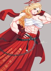 Rule 34 | 1girl, abs, akemi (blue archive), apollo (pixiv884782), biceps, blonde hair, blue archive, breasts, chest sarashi, crossed belts, delinquent, fingerless gloves, flexing, fluffy hair, gloves, halo, highres, large breasts, long hair, looking at viewer, mole, mole under eye, muscular, muscular female, navel, red gloves, red halo, red skirt, sarashi, simple background, skirt, solo, sukeban, thighs