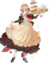 Rule 34 | 1girl, clothes lift, dress, dress lift, fire emblem, fire emblem heroes, grey hair, highres, looking at viewer, maid, maid headdress, nintendo, non-web source, official alternate costume, official art, red eyes, short hair, short hair with long locks, skirt hold, smile, solo, tachi-e, veronica (fire emblem), veronica (tea party) (fire emblem)