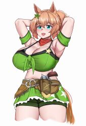 Rule 34 | 1girl, :d, absurdres, animal ears, armband, armpits, arms behind head, arms up, bandeau, bare shoulders, belt, blue eyes, blush, breasts, brown belt, brown hair, cleavage, collarbone, colt single action army, commentary, cropped legs, green armband, green bandeau, green shorts, green skirt, gun, hair between eyes, hair ornament, handgun, highres, holstered, horse ears, horse girl, horse tail, large breasts, long hair, navel, newbienoodles, open mouth, paid reward available, ponytail, red scarf, revolver, scarf, sheriff badge, short shorts, shorts, shorts under skirt, sidelocks, simple background, skirt, smile, solo, standing, star (symbol), star hair ornament, taiki shuttle (umamusume), tail, umamusume, variant set, weapon, white background
