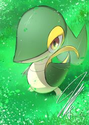 absurdres brown_eyes colored_skin creatures_(company) falling_leaves from_above game_freak gen_5_pokemon grass green_skin highres leaf light_particles mitsukuma448 nintendo on_grass outdoors petals pokemon pokemon_(creature) signature slit_pupils smile snake snivy solo yellow_skin