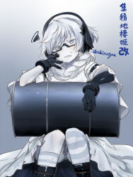 Rule 34 | 1girl, abyssal ship, akino shuu, black-framed eyewear, black gloves, braid, character request, check character, drum (container), glasses, gloves, gradient background, grey background, grey eyes, hair between eyes, hair scarf, head tilt, headphones, kantai collection, kneehighs, knees up, looking at viewer, pale skin, semi-rimless eyewear, single kneehigh, single sock, single thighhigh, sitting, socks, solo, squiggle, striped clothes, striped thighhighs, supply depot princess, thighhighs, translation request, twitter username, under-rim eyewear, white hair