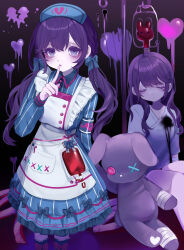 2girls :o absurdres aegyo_sal apron arm_behind_back asahina_mafuyu bandaged_arm bandages black_background blue_bow blue_dress bow braid buttons closed_eyes closed_mouth collared_dress commentary_request cross-laced_apron cross-laced_clothes double_horizontal_stripe dress dress_bow dual_persona empty_eyes finger_to_mouth frilled_apron frilled_dress frills gradient_background hair_between_eyes hair_bow hair_over_shoulder hand_up hat heart heart_in_eye highres holding holding_stuffed_toy index_finger_raised jishou_210 long_hair long_sleeves looking_at_viewer low_twintails multiple_girls nurse_cap official_alternate_costume official_alternate_hairstyle project_sekai puffy_long_sleeves puffy_sleeves purple_background purple_eyes purple_hair simple_background sitting standing striped_clothes striped_dress stuffed_animal stuffed_rabbit stuffed_toy symbol_in_eye twintails u_u vertical-striped_clothes vertical-striped_dress white_apron wonderhorror~!?_na_kimodameshi!_(project_sekai)