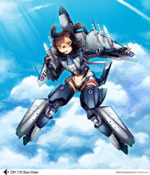:o blue_eyes brown_hair bsapricot cloud day de_havilland_sea_vixen fingerless_gloves flying gloves goggles headset jet_engine mecha_musume midriff military open_mouth personification rocket sky solo thighhighs twintails wings zettai_ryouiki