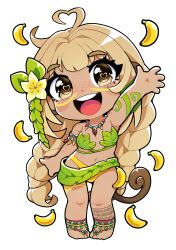 1girl absurdres ahoge animal_ears anklet banana bananajuju bikini blonde_hair brown_eyes brown_tail food fruit heart heart-shaped_pupils heart_ahoge highres indie_virtual_youtuber jewelry leaf_bikini leg_tattoo long_hair looking_at_viewer martiztik monkey_ears monkey_girl monkey_tail necklace open_mouth outline simple_background solo swimsuit symbol-shaped_pupils tail tattoo teeth transparent_background tribal_tattoo upper_teeth_only virtual_youtuber white_outline