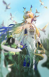 1girl 1other absurdres arknights bare_shoulders bead_necklace beads bird blonde_hair breasts brooch closed_mouth collarbone dragon earrings eastern_dragon eastern_dragon_horns eastern_dragon_tail green_eyes hair_between_eyes highres holding holding_sword holding_weapon jewelry long_hair long_sleeves medium_breasts necklace pointy_ears shirt shu_(arknights) smile solo_focus standing strapless strapless_shirt sword tassel tassel_earrings weapon xiaochen