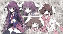 Rule 34 | 2girls, animal ears, between legs, black thighhighs, blazer, boots, bow, brown hair, carrot necklace, closed mouth, collared shirt, commentary request, crescent, crescent pin, dress, floppy ears, frilled dress, frilled sleeves, frills, full body, hair bow, hand between legs, inaba tewi, jacket, jewelry, lolita fashion, long hair, long sleeves, looking at viewer, multiple girls, neck ribbon, necklace, necktie, one eye closed, pink boots, pink dress, pink skirt, pleated skirt, puffy short sleeves, puffy sleeves, purple hair, purple jacket, rabbit ears, rabbit girl, red bow, red eyes, red necktie, red ribbon, reisen udongein inaba, ribbon, ribbon-trimmed dress, ribbon trim, rimei, shirt, short hair, short sleeves, sitting, skirt, smile, socks, thighhighs, touhou, very long hair, white shirt, white socks