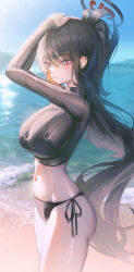 1girl absurdres alternate_costume beach bikini black_bikini black_shirt blue_archive blush breasts cleavage closed_mouth cropped_shirt domi_(hongsung0819) ear_piercing hair_between_eyes hand_on_own_head highres large_breasts long_hair navel ocean piercing ponytail red_eyes red_nails rio_(blue_archive) shirt sidelocks solo stomach swimsuit