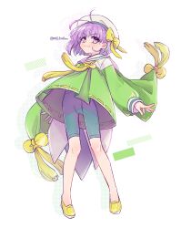 1girl absurdres blue_pants closed_mouth commentary_request dress fate/extra fate/extra_ccc fate/grand_order fate_(series) full_body green_dress hat highres kazuradrop_(fate) long_sleeves looking_at_viewer mofy_hanken pants pants_under_dress purple_eyes purple_hair shoes simple_background smile solo twitter_username white_background white_hat yellow_shoes