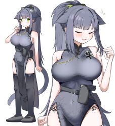 Rule 34 | 1girl, absurdres, alternate costume, animal ears, arknights, arm at side, bare arms, bare shoulders, black dress, black hair, black tail, black thighhighs, blush, breasts, bright pupils, china dress, chinese clothes, closed eyes, closed mouth, covered navel, dress, embarrassed, flying sweatdrops, green eyes, groin, hand in own hair, highres, holster, holstered, jessica (arknights), large breasts, long hair, looking at viewer, multicolored hair, multiple views, open mouth, pelvic curtain, ponytail, purple hair, side slit, sidelocks, simple background, sleeveless, sleeveless dress, spam (spamham4506), streaked hair, tail, thighhighs, white background, white pupils