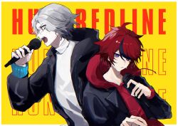 2boys ahoge aotsuki_eito blue_eyes border copyright_name cropped_jacket english_text grey_hair highres holding holding_microphone hood hoodie jacket jacket_over_hoodie male_focus microphone multicolored_hair multiple_boys official_alternate_costume outside_border red_hair red_hoodie shirt short_hair sparrowhabird streaked_hair sumino_takumi sweat the_hundred_line_-last_defense_academy- tower_records white_border white_shirt yellow_background
