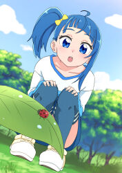 1girl absurdres blue_eyes blue_hair blue_shirt blue_skirt blue_sky blue_thighhighs blurry blurry_foreground bow bug casual cloud cloudy_sky commentary convenient_censoring cut_bangs day depth_of_field dutch_angle forest full_body hair_bow hakuino_hakase hands_on_own_knees highres hirogaru_sky!_precure insect ladybug leaf long_sleeves looking_at_viewer medium_hair miniskirt nature open_mouth outdoors precure shirt shoes side_ponytail single_sidelock skirt sky sneakers solo sora_harewataru squatting t-shirt thighhighs two-tone_shirt white_shirt yellow_bow yellow_shoes