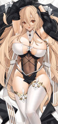 Rule 34 | 1girl, azur lane, between breasts, blonde hair, breast cutout, breasts, brown eyes, cleavage, curvy, dakimakura (medium), dress, hair spread out, highres, horns, huge breasts, implacable (azur lane), large breasts, long bangs, long hair, nun, revealing clothes, solo, thighhighs, tony guisado, two-tone dress, veil, very long hair, white horns, white thighhighs, wide hips
