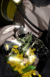 1boy absurdres black_hair brown_eyes closed_mouth daffodil expressionless fingernails flower golden_kamuy hanazawa_yusaku hat highres holding holding_skull lips long_sleeves looking_at_object male_focus mau_sakura military_hat shadow short_hair skull solo transparent upper_body yellow_flower