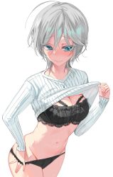 1girl bra breasts character_request cleavage clothes_pull looking_at_viewer navel panties rum_raisin_(chihiromakita19) short_hair simple_background sweat sweatdrop underwear white_background
