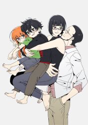 Rule 34 | 2boys, 2girls, aged down, amamiya ren, barefoot, black hair, black shirt, blue pants, brown pants, carrying, carrying person, highres, isshiki wakaba, long hair, malang face, mother and daughter, multiple boys, multiple girls, orange hair, pants, persona, persona 5, sakura futaba, sakura soujirou, shirt, short hair, simple background, sleeveless, sleeveless shirt