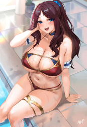 Rule 34 | 1girl, absurdres, bare shoulders, bikini, blue eyes, blush, bracelet, breasts, brown hair, choker, cleavage, fate/grand order, fate (series), forehead, gold trim, highres, jewelry, kisaragi tsurugi, large breasts, leonardo da vinci (fate), long hair, looking at viewer, navel, open mouth, parted bangs, ponytail, pool, poolside, red bikini, sidelocks, smile, solo, swimsuit, thighlet, wet