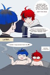 Rule 34 | 2boys, 2koma, absurdres, ahoge, black hair, blue hair, blush, comic, english text, heart, highres, hood, hoodie, long sleeves, multicolored hair, multiple boys, omokage yugamu, open mouth, red hair, simple background, smoke, smoking, sumino takumi, the hundred line -last defense academy-, yaoi
