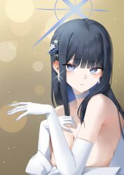 1girl absurdres blue_archive blue_eyes blue_hair blue_halo breasts choker cleavage colored_inner_hair dress elbow_gloves gloves halo highres multicolored_hair nonoa official_alternate_costume saori_(blue_archive) saori_(dress)_(blue_archive) solo upper_body white_choker white_dress white_gloves