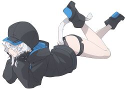 1girl black_gloves black_hat black_jacket black_shorts blue_eyes boots cat_tail colored_eyelashes gloves hair_between_eyes hat head_rest high_heel_boots high_heels highres hood hood_down hooded_jacket jacket legs leotard leotard_under_clothes lowleg lowleg_shorts lying micro_shorts on_stomach original parted_lips shorts simple_background slit_pupils solo subaru_(yamunashi) tail webp-to-png_conversion white_background white_hair yamunashi_(soregoshi)