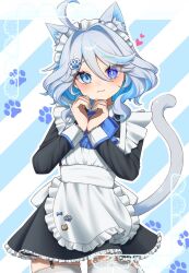 1girl ahoge alternate_costume animal_ear_fluff animal_ears apron black_dress blue_eyes blue_hair blue_pupils blush cat_ears cat_tail closed_mouth commentary_request dress drop-shaped_pupils enmaided frilled_apron frilled_hairband frills furina_(genshin_impact) genshin_impact hair_between_eyes hairband hands_up heart heart_hands heterochromia highres kemonomimi_mode looking_at_viewer maid maid_headdress medium_hair multicolored_hair nanase_(zbgzke1jtztpedq) paw_hair_ornament solo streaked_hair symbol-shaped_pupils tail thighhighs waist_apron white_apron white_hair white_hairband white_thighhighs zettai_ryouiki