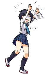 1girl :d black_hair black_socks blue-framed_eyewear closed_eyes double_high_five glasses high_five kneehighs maruput necktie open_mouth original pleated_skirt school_uniform shoes short_hair skirt smile socks uwabaki white_background