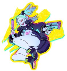 1girl aqua_hair artificial_eye bikini black_bikini black_coat black_shoes body_markings breasts coat colored_sclera cyberpunk_(series) cyberpunk_edgerunners dual_wielding facial_mark full_body green_eyes gun handgun headgear holding holding_gun holding_weapon long_hair mechanical_eye medium_breasts midriff open_mouth parted_bangs rebecca_(cyberpunk) red_sclera shoes sidelocks smile solo solthrys swimsuit twintails weapon white_background