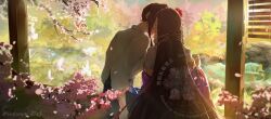 2girls absurdres bird blue_skirt brown_hair chinese_commentary commentary_request counter:side falling_petals flower hair_flower hair_ornament highres incest kiss long_hair multiple_girls nanahara_chifuyu nanahara_chinatsu outdoors petals pink_flower pond red_flower shirt siblings sisters skirt twitter_username watermark white_bird white_shirt yorururu yuri
