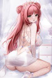1girl absurdres ass breasts double_bun dress earrings elle_(vtuber) fishnet_pantyhose fishnets flower hair_bun high_heels highres hoop_earrings indie_virtual_youtuber jewelry large_breasts long_hair median_furrow open_mouth pantyhose rose shoes short_dress shoulder_blades solo tiara virtual_youtuber white_dress white_flower white_rose white_shoes yellow_eyes yumiewuri