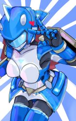 Rule 34 | 1girl, armor, blue armor, blue background, blue helmet, breasts, cowboy shot, denyel, duel monster, helmet, highres, medium breasts, simple background, solo, super quantum blue layer, tokusatsu, v, white background, yu-gi-oh!