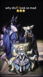 Rule 34 | animal ears, arknights, blonde hair, closed mouth, english text, folding fan, fox ears, fox girl, fox tail, green eyes, hand fan, highres, holding, holding fan, kitsune, kyuubi, long hair, meme, multiple tails, orange eyes, purple hair, short hair, sparkle, suzuran&#039;s father (arknights), suzuran (arknights), tail, tobacco (xhs1151493722), vulpisfoglia (arknights), why dis ninja look so mad (meme)