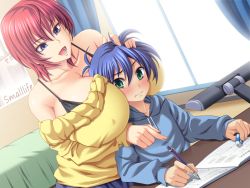 1boy 1girl age_difference aqua_eyes bare_shoulders bed between_breasts black_bra blue_eyes blue_hair blush book bra breasts collarbone covered_erect_nipples desk desk_lamp embarrassed english_text eraser game_cg hair_between_eyes hand_on_another&#039;s_head head_between_breasts holding holding_pen huge_breasts indoors kimura_chikamichi kloah lamp light mocking_soft oppai_kaijuu_akanegon_uff5ekatei_kyoushi_wa_do_s_chijouff5e pen pencil pink_hair pointing puffy_sleeves sitting size_difference skirt takamiya_akane underwear window