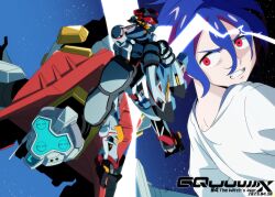1boy blue_hair clenched_teeth colored_inner_hair commentary_request copyright_name dated episode_number gelgoog_(gquuuuuux) gquuuuuux green_eyes gundam gundam_gquuuuuux highres lilya_(lilya_litvak) looking_at_viewer looking_back lower_eyelashes_only male_focus mecha mobile_suit multicolored_hair newtype_flash purple_hair red_eyes robot science_fiction shirt short_hair shuji_ito solo space star_(sky) teeth two-tone_hair v-fin white_shirt