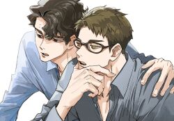 Rule 34 | 2boys, bespectacled, black-framed eyewear, blue shirt, brown eyes, brown hair, collarbone, collared shirt, commentary request, fingernails, glasses, haikyuu!!, hand on another&#039;s shoulder, hand on own chin, hk smith man, long sleeves, male focus, multiple boys, open collar, open mouth, sakusa kiyoomi, shirt, short hair, sideburns, simple background, teeth, upper body, upper teeth only, ushijima wakatoshi, wavy hair, white background, wing collar, yellow eyes