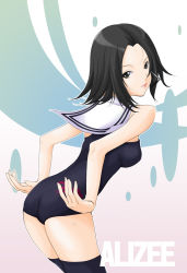 1girl alizee animification black_hair black_one-piece_swimsuit female_focus from_behind kawamura_tsukasa looking_back microphone one-piece_swimsuit real_life real_life_insert school_swimsuit short_hair solo swimsuit thighhighs