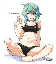 1girl aqua_eyes aqua_hair arm_support bare_arms bare_legs bare_shoulders barefoot black_panties blue_eyes blue_hair blush bra breasts collarbone commentary_request fanning_self feet full_body hair_between_eyes highres looking_at_viewer medium_breasts navel open_mouth panties shikei short_hair shorts simple_background sinon sitting solo sports_bra spread_legs stomach sweat sword_art_online toes translated underwear underwear_only white_background